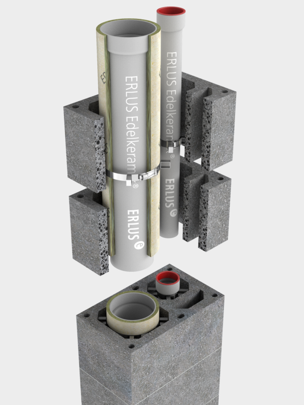 L/BÜ+i, ERLUS LAF-Premiumschornstein + Überdruckabgasleitung mit Installationsschacht- Rendering | © ERLUS AG 2018